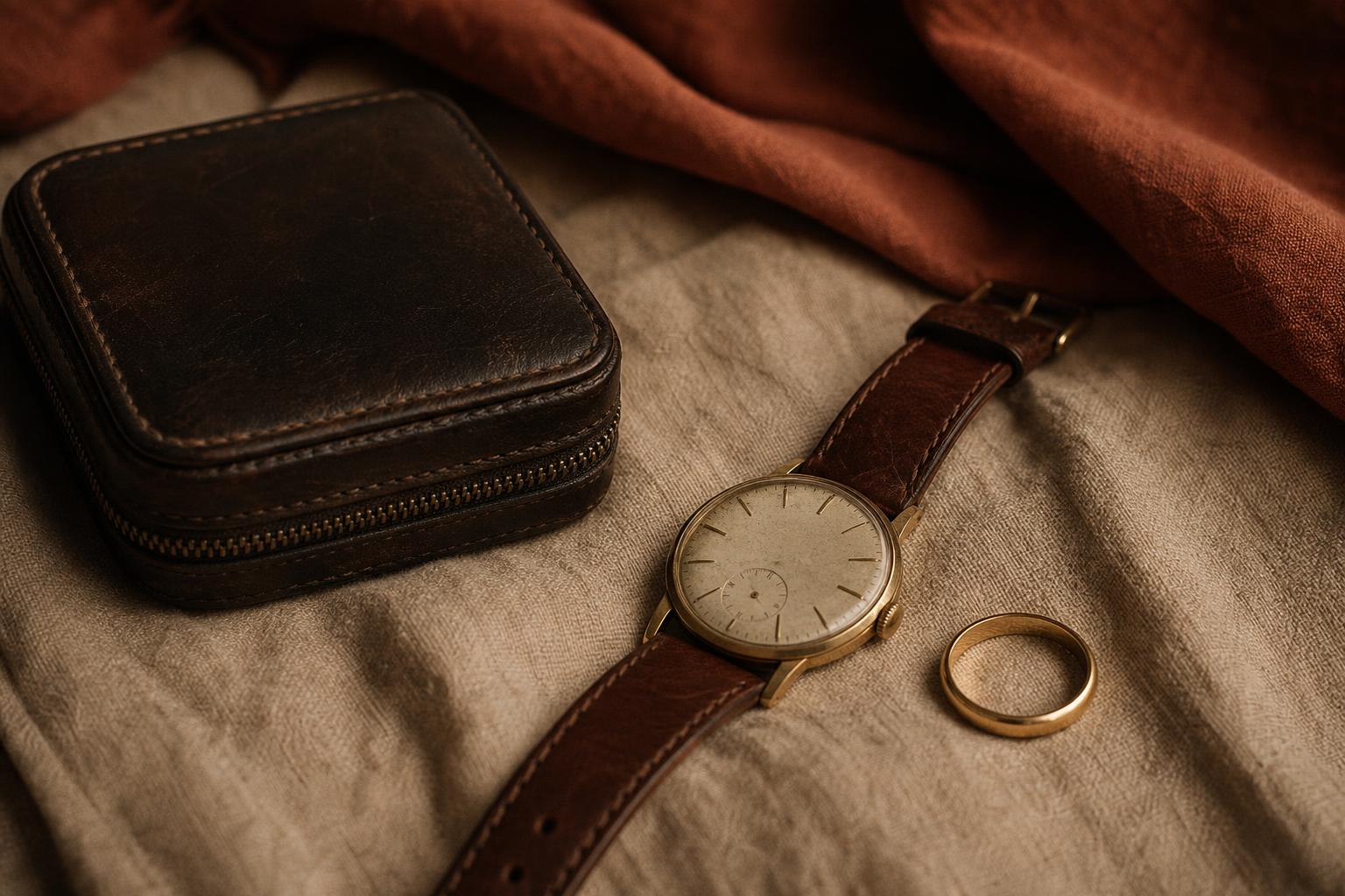 Et elegant armbåndsur i gull og stål med brun lærreim ligger på et linstykke, ved siden av en gullring og et lukket læretui i mykt, varmt lys