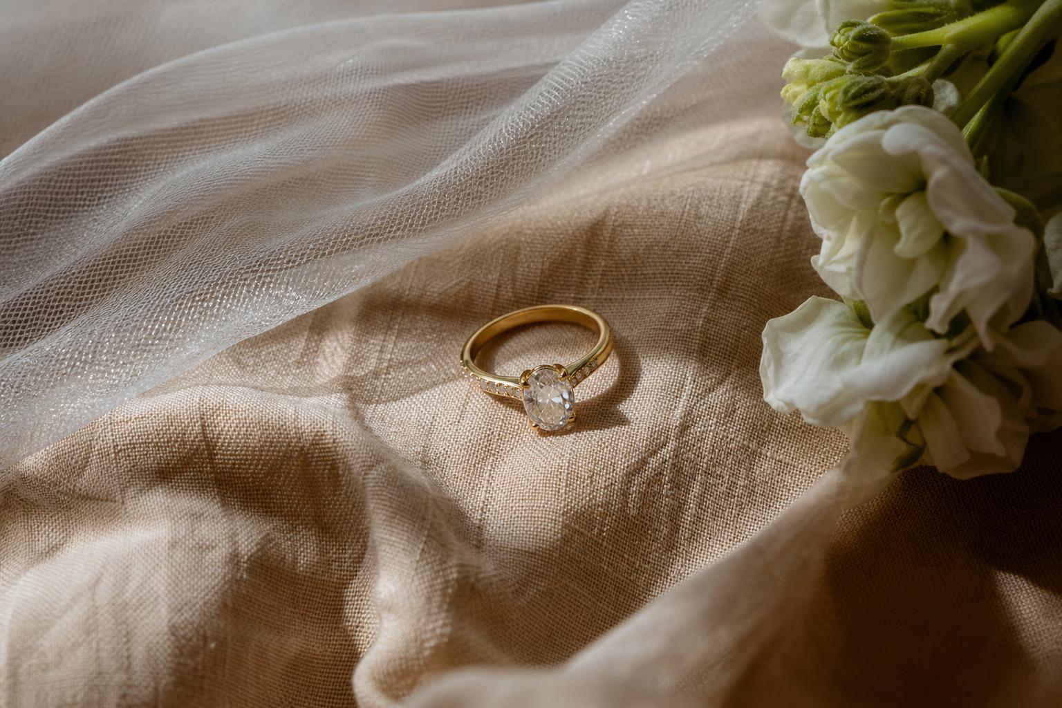 Diamantring i gull som hviler på mykt lin, ved siden av et brudeslør og lyse blomster i dagslys